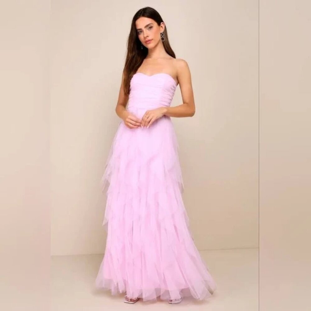NWOT Lulu's Delightful Pink Mesh Strapless Ruched Ruffled Maxi Dress Medium